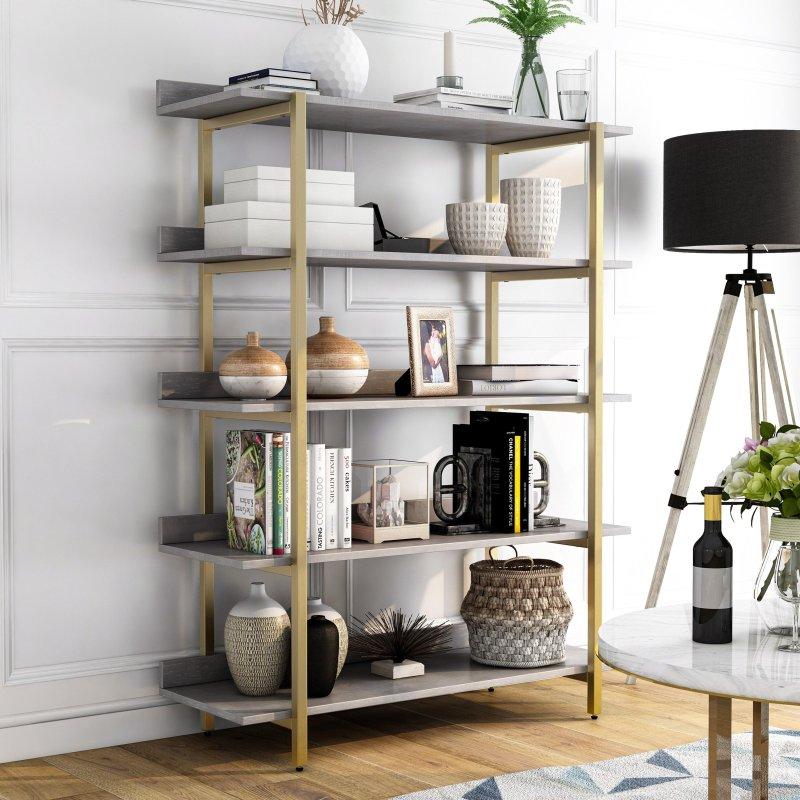 Gold Metal Ayaklı Ceviz Rengi 5 Raflı Açık Sırtlı Kitaplık - 107x41x145 cm - 320922