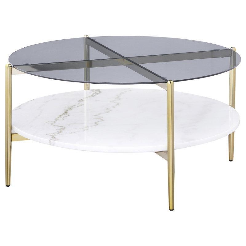 Gold Metal Ayaklı Füme Cam Tablalı Mermer Raflı Yuvarlak Orta Sehpa - 81 cm - 243890