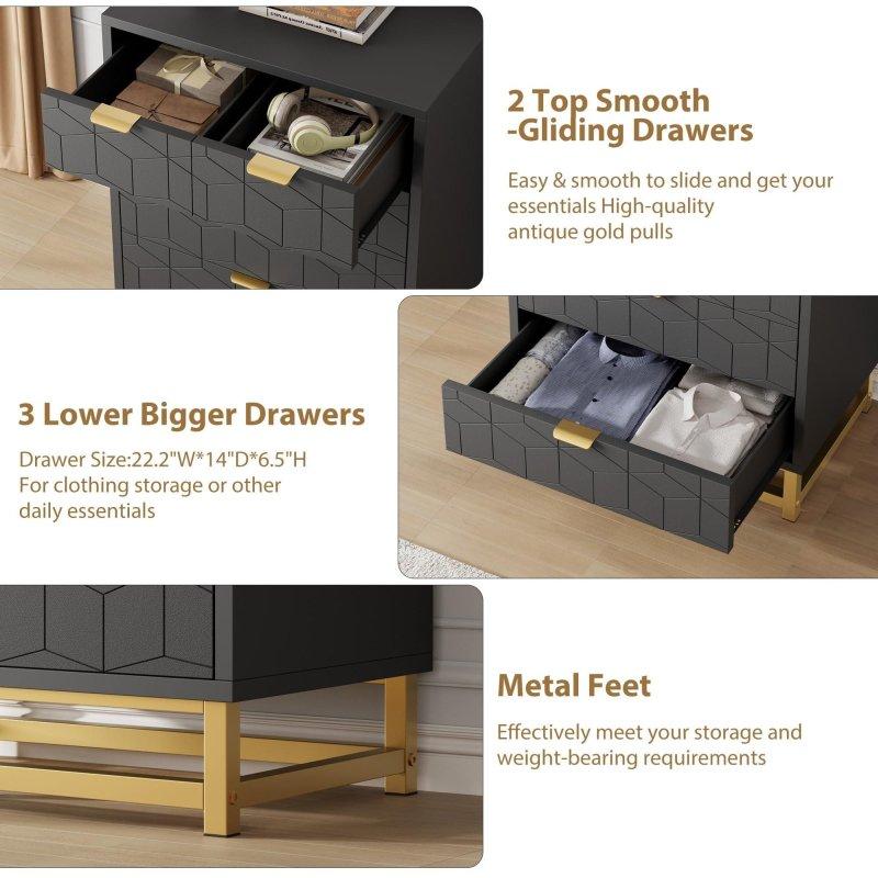 Gold Metal Ayaklı ve Modern Oymalı 5 Çekmeceli MDF Şifonyer - 297279