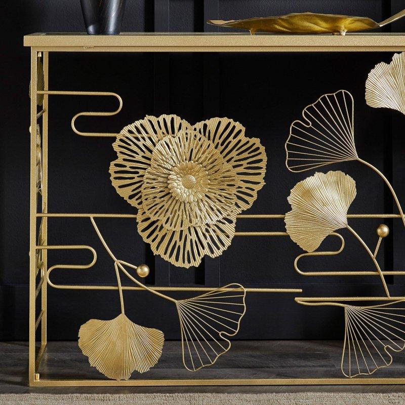 Gold Metal Aynalı Botanik Desenli Dresuar - 120x40x81 cm - 332428
