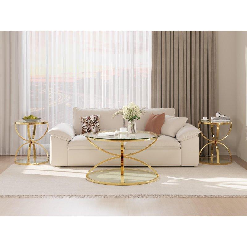 Gold Metal Cam İki Katlı İkili Yuvarlak Orta Sehpa Seti - 81 cm - 240142