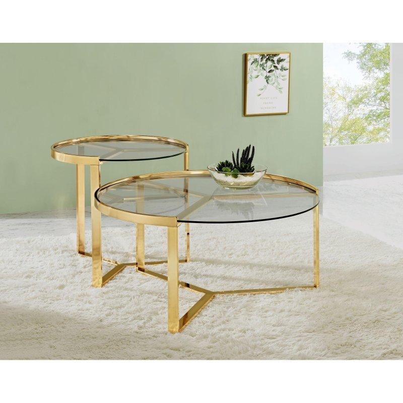 Gold Metal Cam Tablalı Zigon 2li Yuvarlak Orta Sehpa Seti - 91 cm - 242195