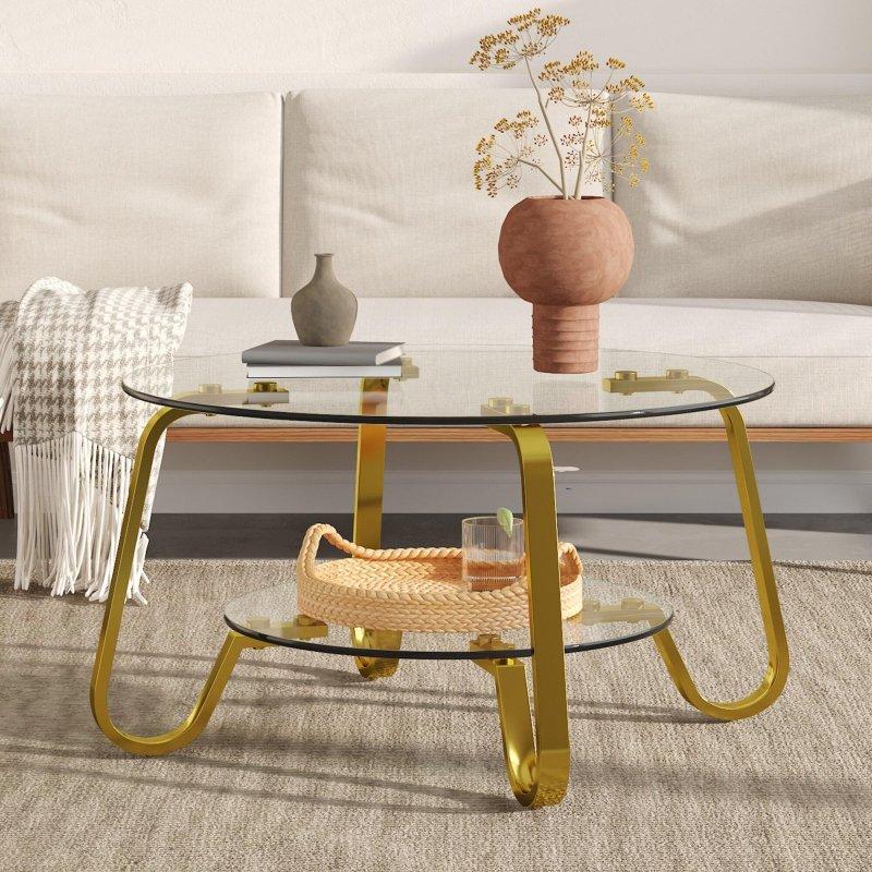 Gold Metal Çift Katlı Cam Yuvarlak Orta Sehpa - 81x45 cm - 239909