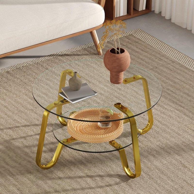 Gold Metal Çift Katlı Cam Yuvarlak Orta Sehpa - 81x45 cm - 239909