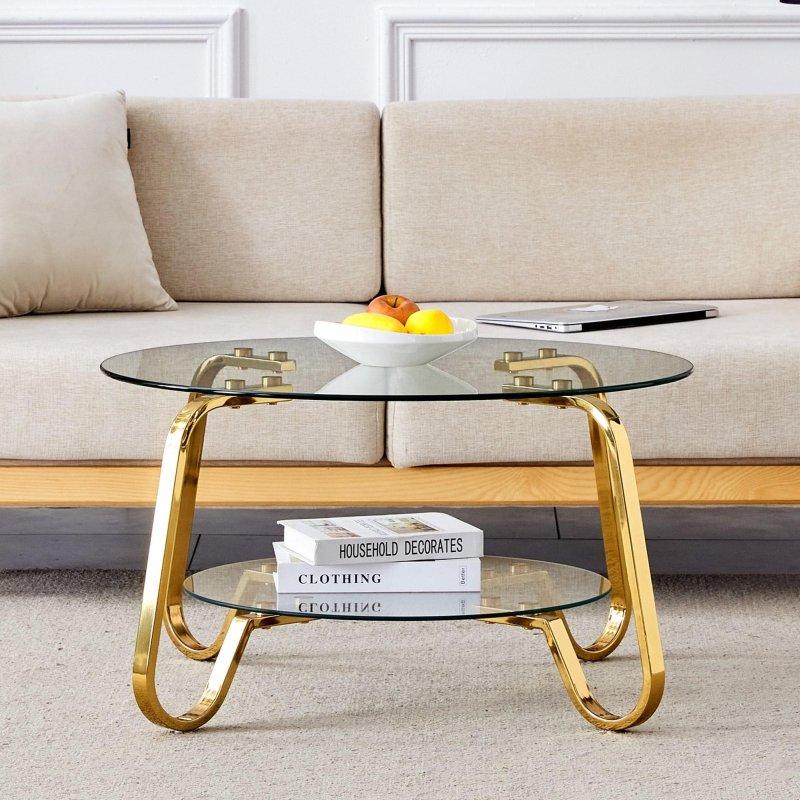 Gold Metal Çift Katlı Cam Yuvarlak Orta Sehpa - 81x45 cm - 239909