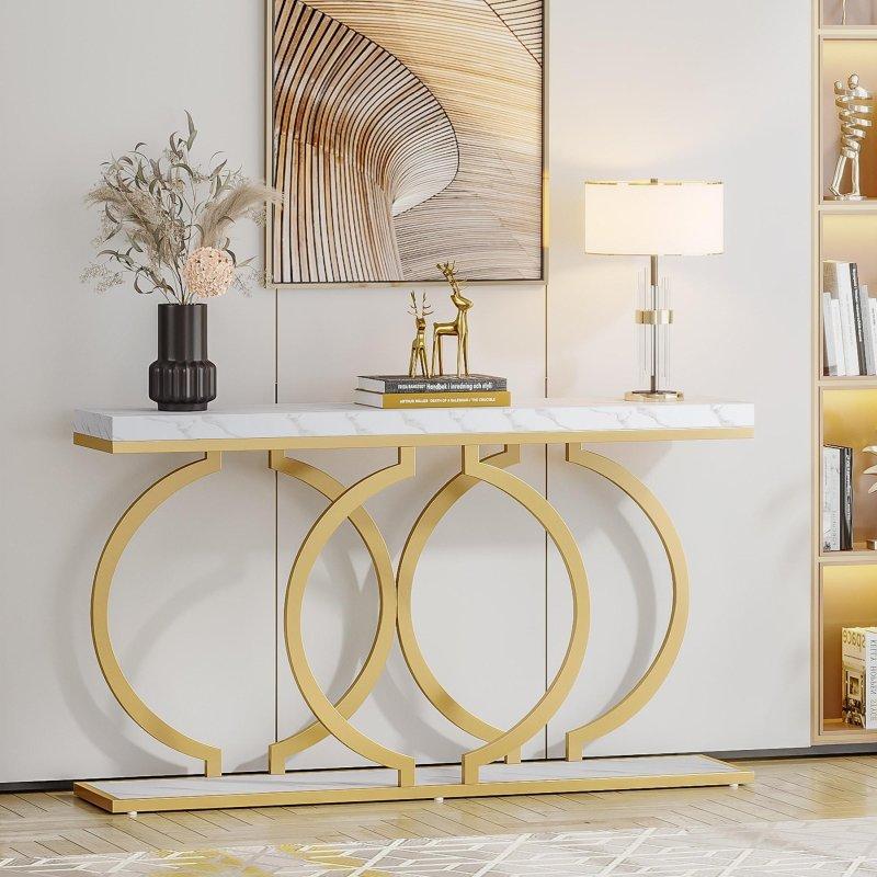 Gold Metal Geometrik Tabanlı Beyaz Mermer Desenli Dresuar - 140 cm - 333118