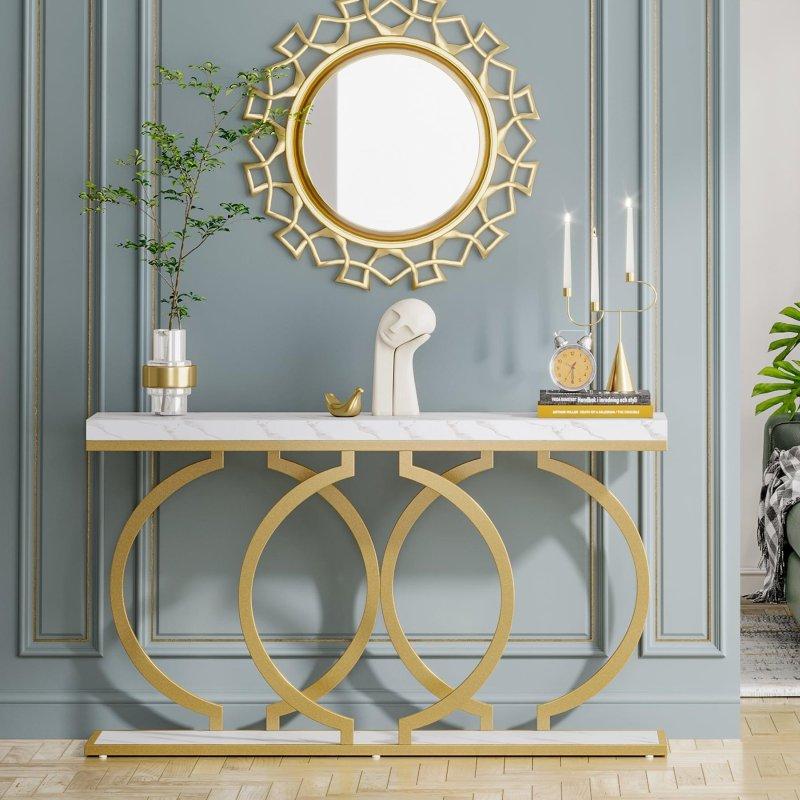 Gold Metal Geometrik Tabanlı Beyaz Mermer Desenli Dresuar - 140 cm - 333118