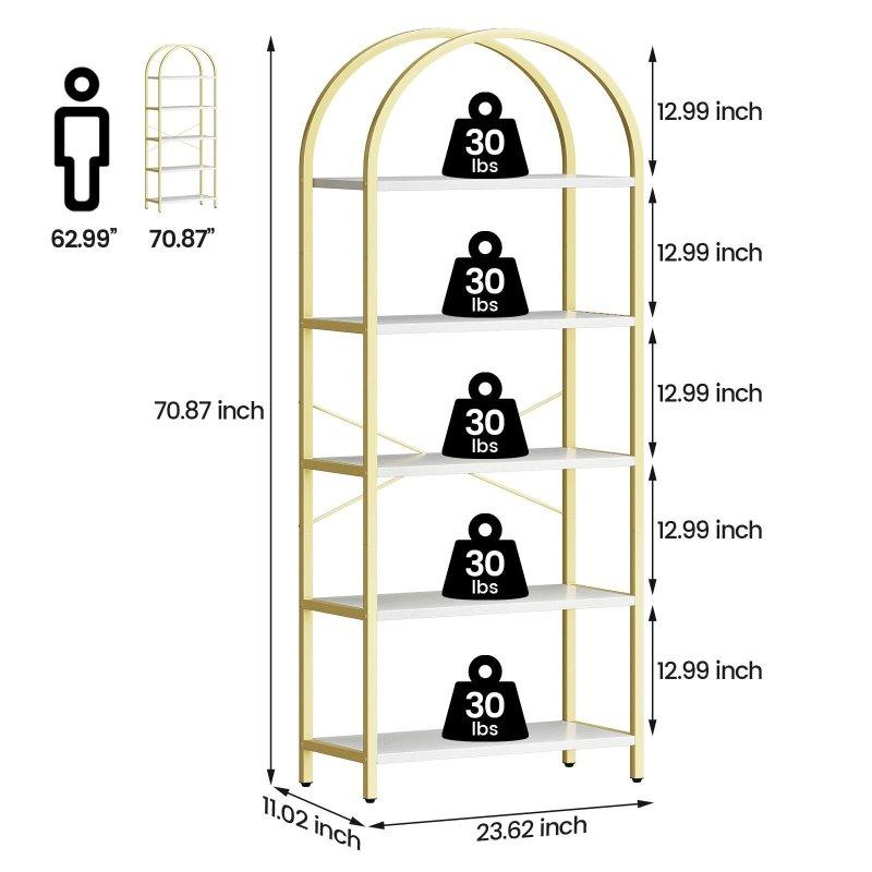 Gold Metal Mermer Desenli 5 Raflı Kemerli Kitaplık - 181x60x28 cm - 313086