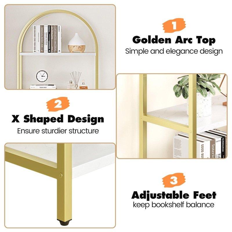 Gold Metal Mermer Desenli 5 Raflı Kemerli Kitaplık - 181x60x28 cm - 313086