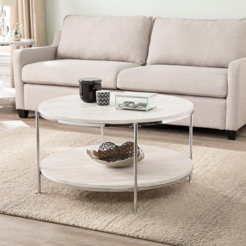Gold Metal Mermer Desenli Alt Raflı Yuvarlak Orta Sehpa - 85 cm - 243116