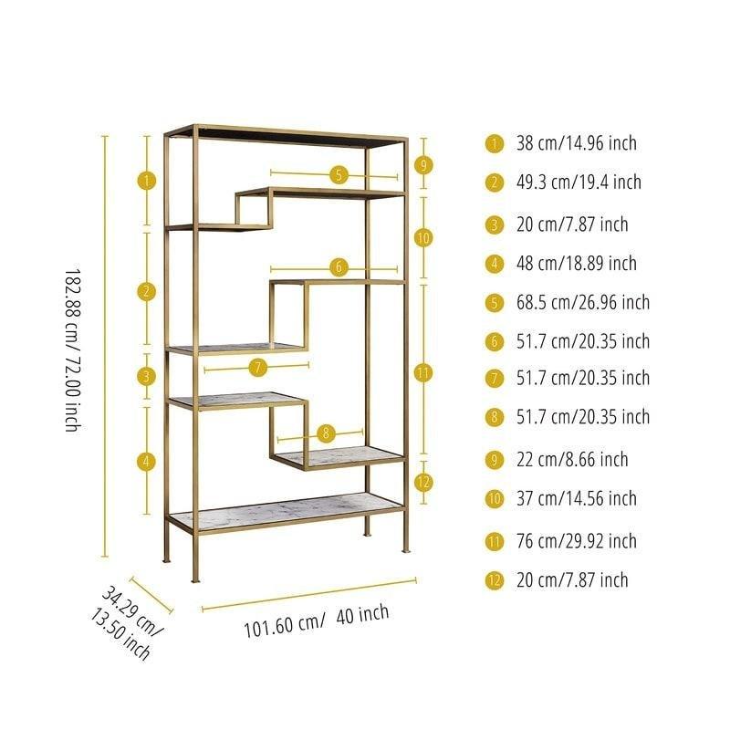 Gold Metal Mermer Desenli Asimetrik 5 Katlı Kitaplık - 183 cm - 317550