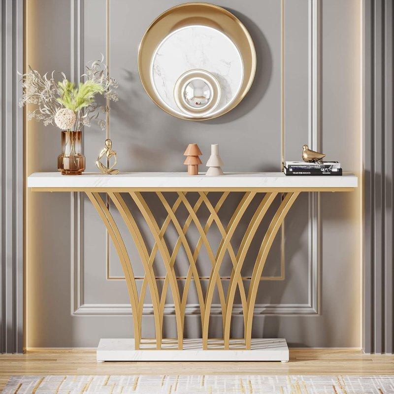 Gold Metal Mermer Desenli Geometrik Tasarım Raflı Dresuar - 151x30x81 cm - 331026