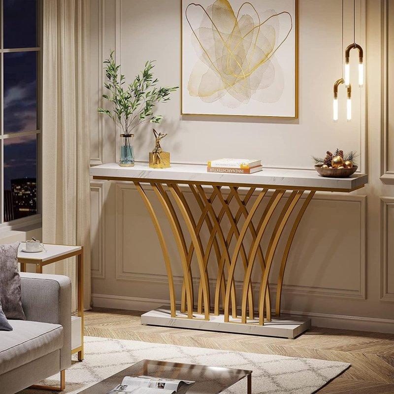 Gold Metal Mermer Desenli Geometrik Tasarım Raflı Dresuar - 151x30x81 cm - 331026