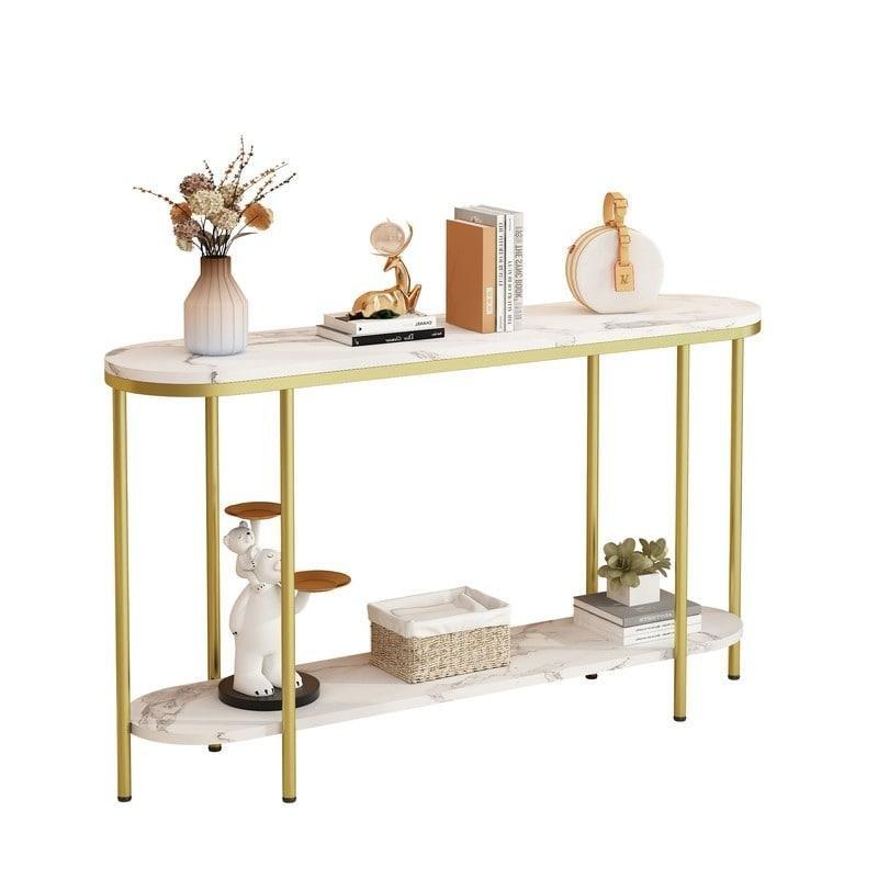 Gold Metal Mermer Desenli Oval Raflı Dresuar - 107x29x76 cm - 331144