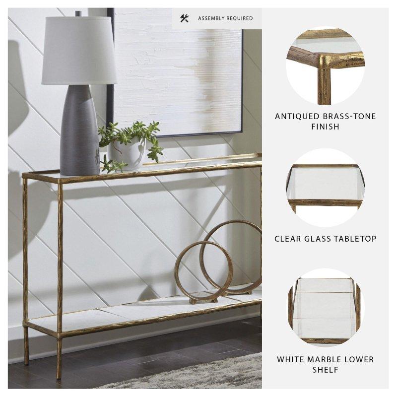Gold Metal Mermer ve Cam Raflı Dikdörtgen Dresuar - 133x31x82 cm - 331338