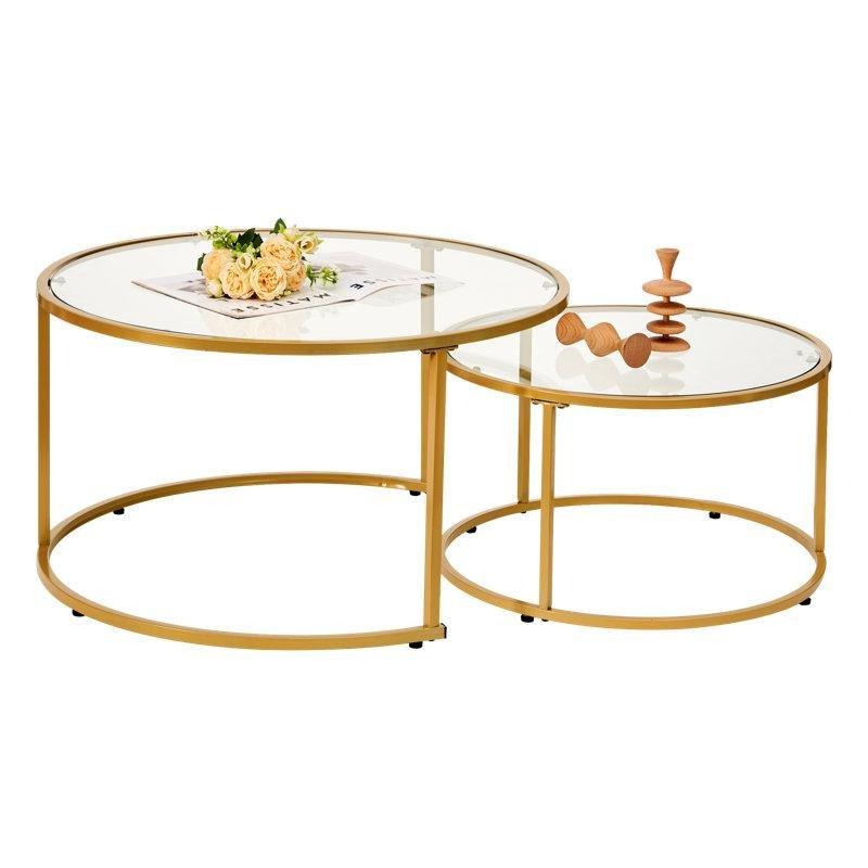 Gold Metal Temperli Cam İkili İç İçe Geçen Yuvarlak Orta Sehpa Seti - 81 cm - 244598