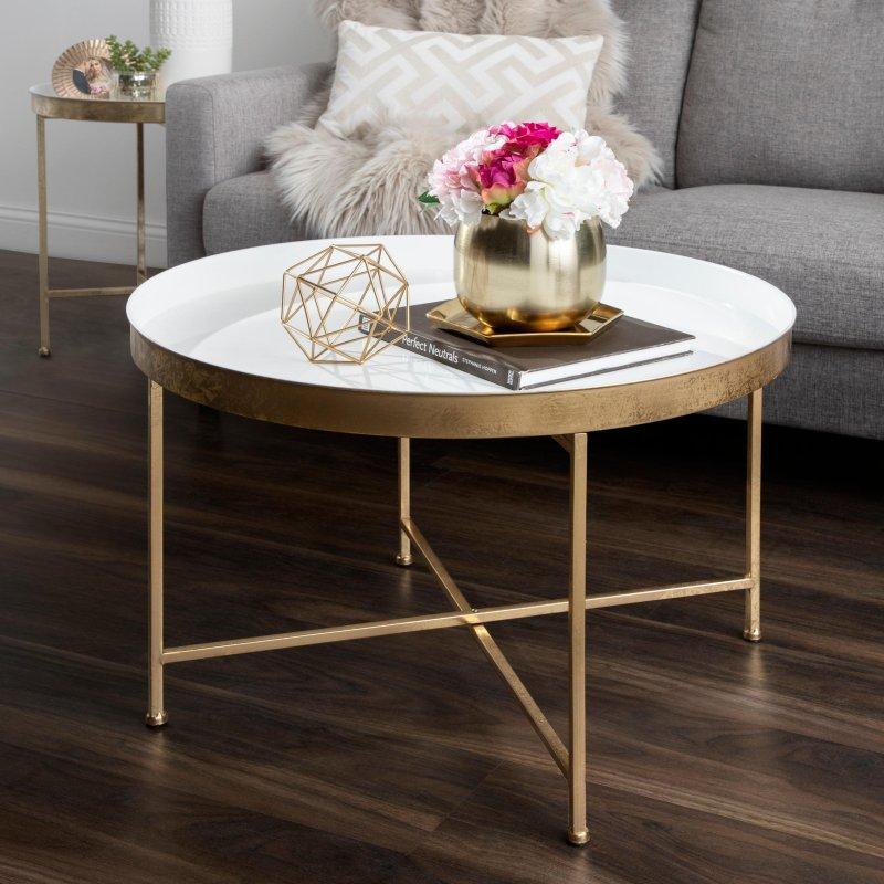 Gold Metal Tepsi Tablalı Yuvarlak Orta Sehpa - 72x49 cm - 243098
