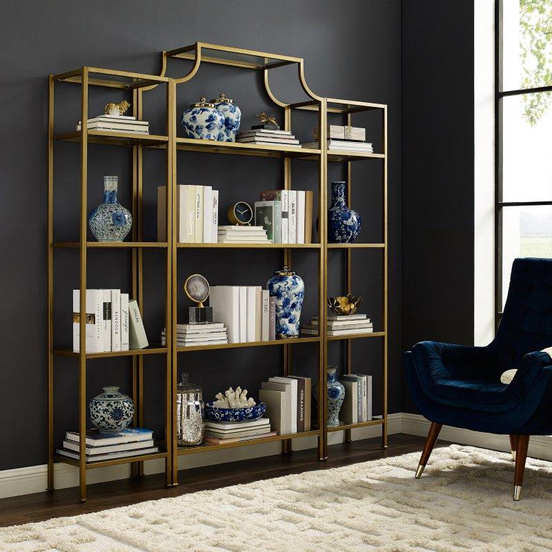 Gold Metal ve Cam Art Deco Pagoda Tasarımlı 3 Parçalı Kitaplık Seti - 183x31x205 cm - 318297