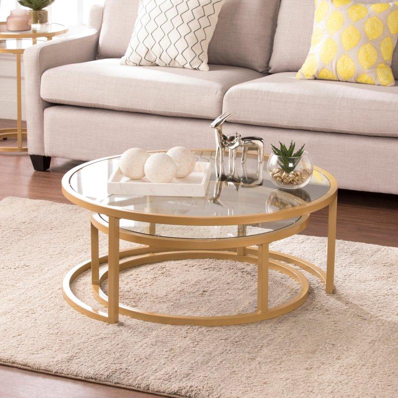 Gold Metal ve Cam İkili Zigon Yuvarlak Orta Sehpa - 91 cm - 241057