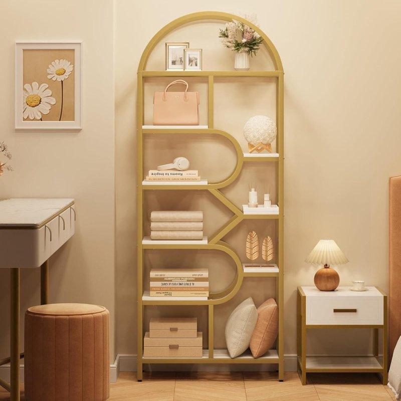 Gold Metal ve MDF Kemerli Geometrik Desenli 6 Raflı Kitaplık - 208 cm - 314491