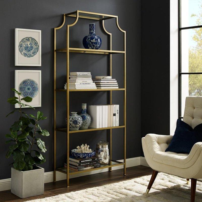 Gold Rengi Metal ve Cam 4 Raflı Pagoda Tasarım Kitaplık - 92x92x205 cm - 319836