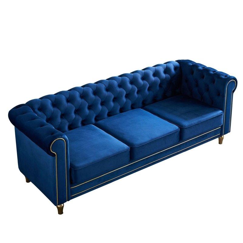 Gold Şeritli Kadife Kapitoneli Chesterfield 3 Kişilik Bohem Koltuk - 216 cm - 286735
