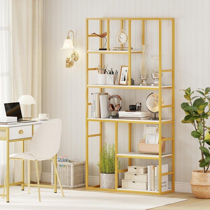 Gold ve Beyaz Metal Çerçeveli 5 Raflı Geometrik Kitaplık - 181 cm - 317778