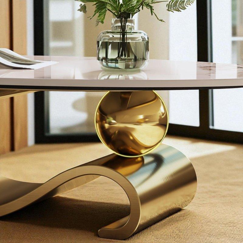 Gold ve Gri Paslanmaz Çelik Kaide Ayaklı Mermer Desenli Oval Orta Sehpa - 125x69 cm - 241489