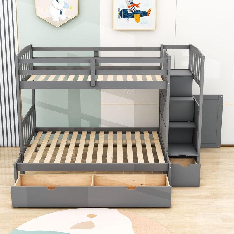 Gri Ahşap 3 Çekmeceli ve Raflı Genişletilebilir Alt Yataklı Merdivenli Ranza - 145x239 cm - 248155