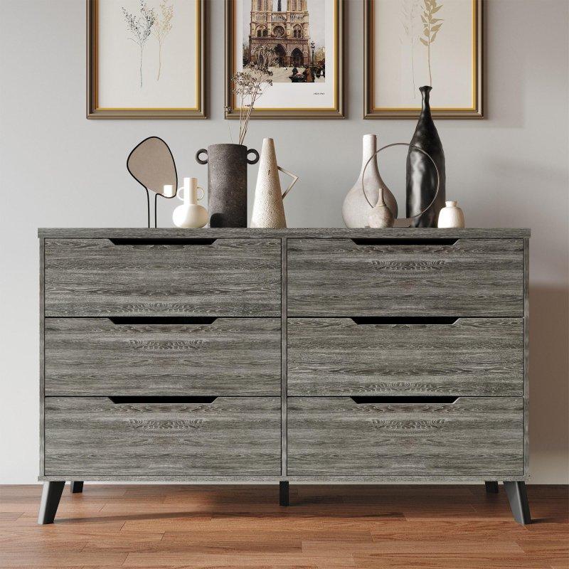 Gri Ahşap 6 Çekmeceli Konik Ayaklı Şifonyer - 150x41x92 cm - 304908