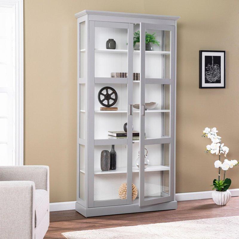 Gri Ahşap 6 Raflı Cam Kapaklı Kitaplık - 101x36x198 cm - 239429