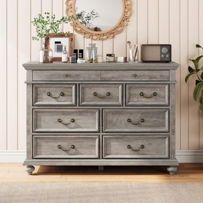 Gri Ahşap 9 Çekmeceli Vintage Metal Kulplu Şifonyer - 121 cm - 294907