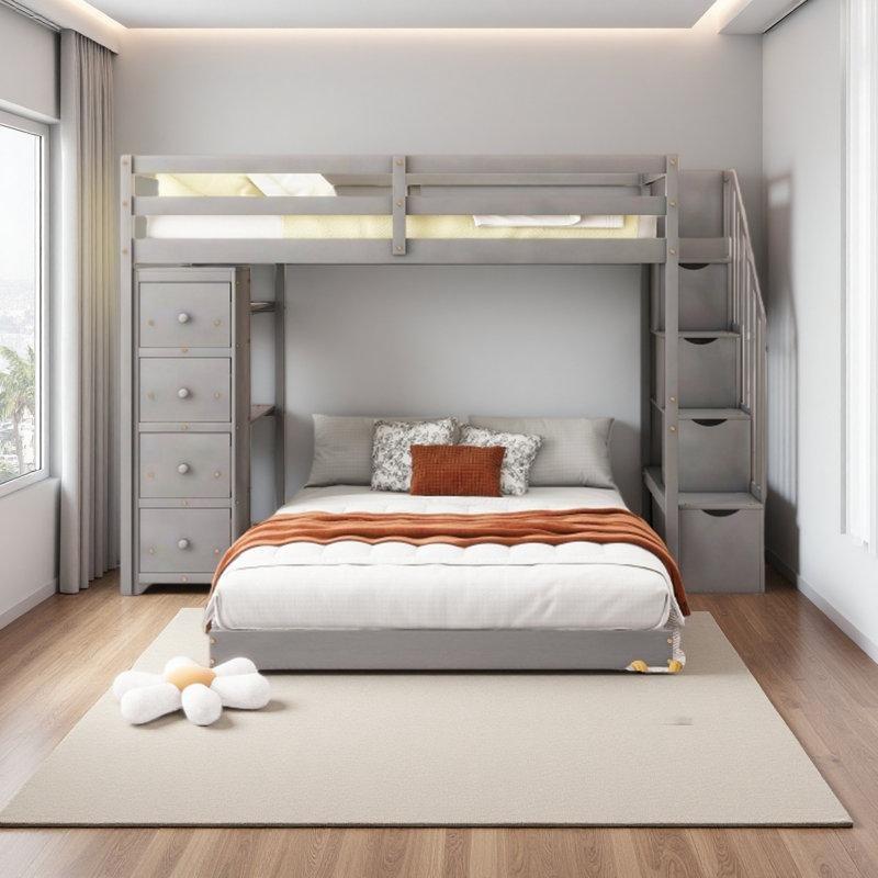 Gri Ahşap Çekmeceli Raflı ve Depolama Merdivenli L Tipi Ranza - 240x197 cm - 246847