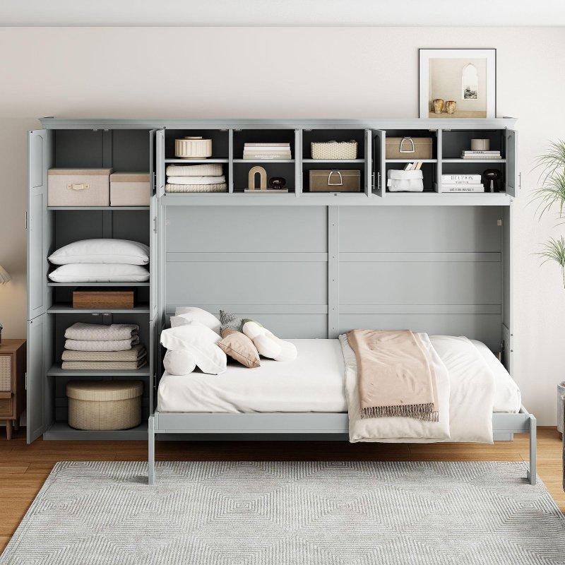 Gri Ahşap Dolaplı ve Çekmeceli Queen Size Duvar Yatağı - 264690
