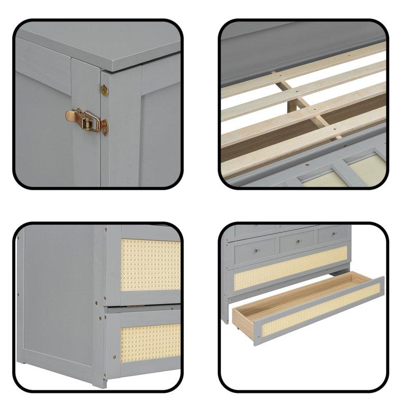 Gri Ahşap Geniş Çekmeceli Rattan Desenli Duvar Yatağı - 266890