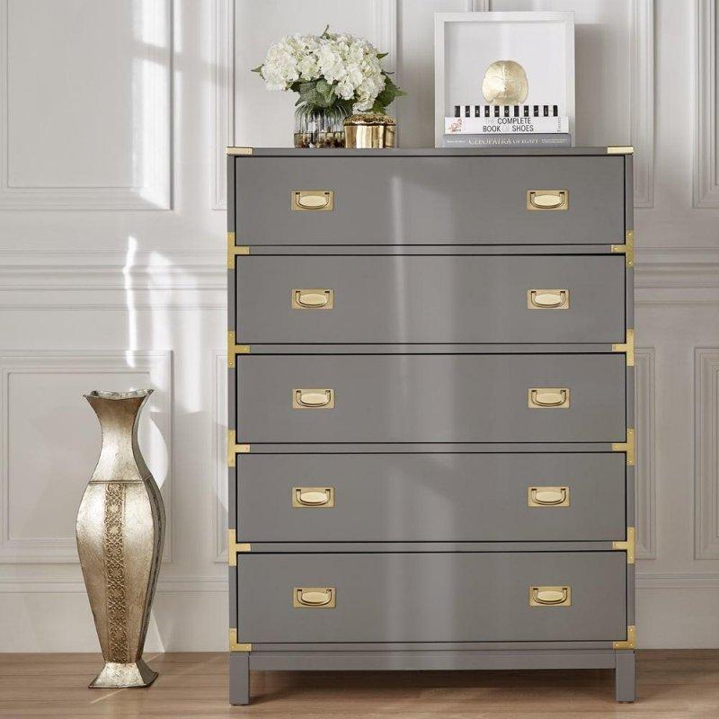 Gri Ahşap Gold Detaylı 5 Çekmeceli Şifonyer - 92x46x126 cm - 298923