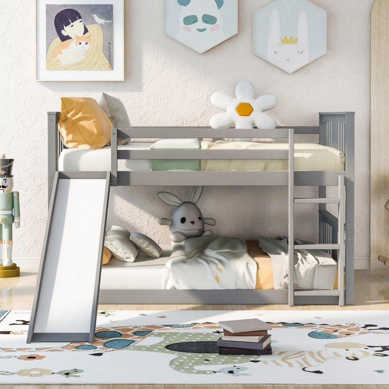 Gri Ahşap Kaydıraklı ve Merdivenli Ranza - 202x255x130 cm - 249398