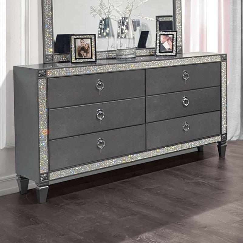 Gri Ahşap Kristal Detaylı 6 Çekmeceli Şifonyer - 161x94 cm - 301198