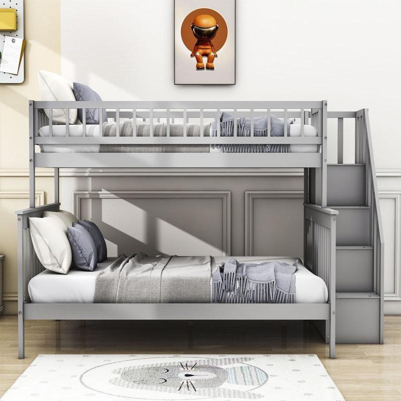 Gri Ahşap Merdivenli Raflı Ayrılabilen Ranza - 145x229 cm - 246528