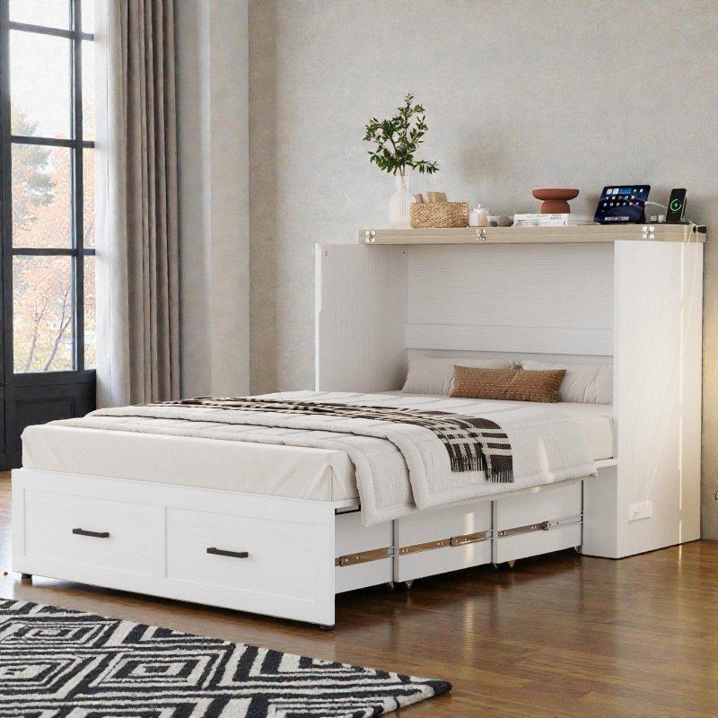 Gri Ahşap Şarj İstasyonlu ve Çekmeceli Kır Evi Tarzı Duvar Yatağı - 265117