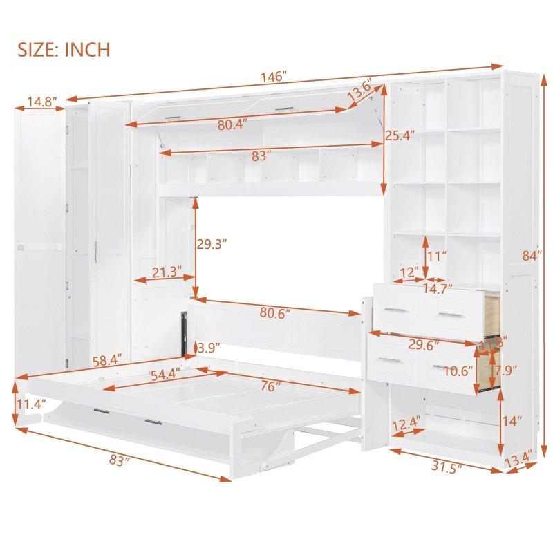 Gri Ahşap ve MDF Dolaplı Çekmeceli Raflı Duvar Yatağı - 371x214 cm - 264041