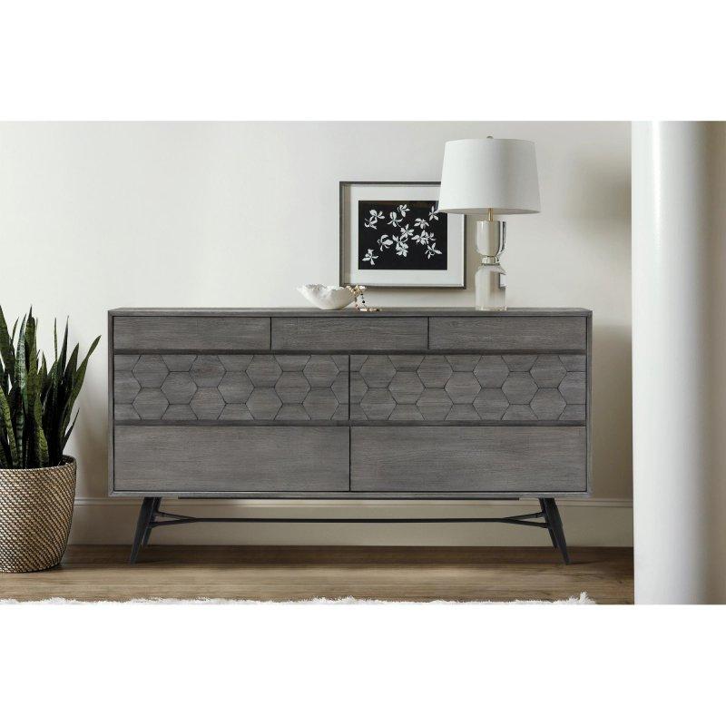 Gri Akasya Ağacı 6 Çekmeceli Petek Desenli Metal Ayaklı Şifonyer - 155x46x84 cm - 307746