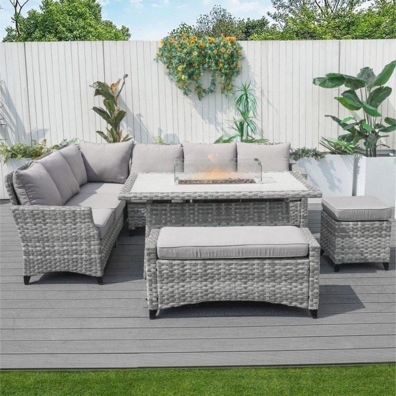 Gri Alüminyum Rattan Şömineli 9 Kişilik 5 Parça Bahçe Takımı - 275984