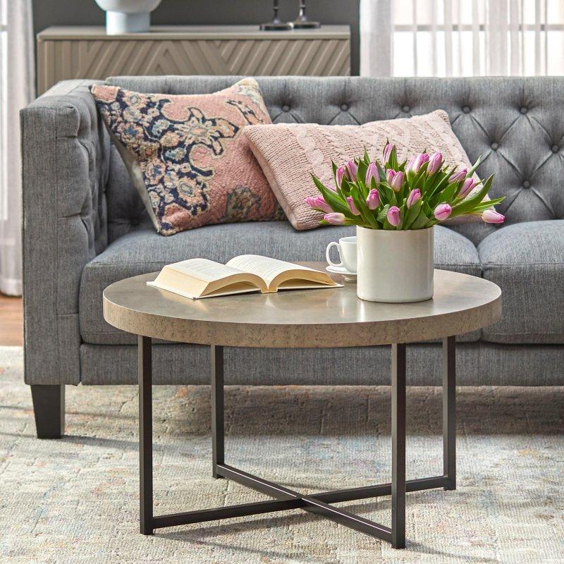 Gri Beton Tasarımlı MDF ve Metal Çapraz Ayaklı İkili Set Yuvarlak Orta Sehpa - 241194