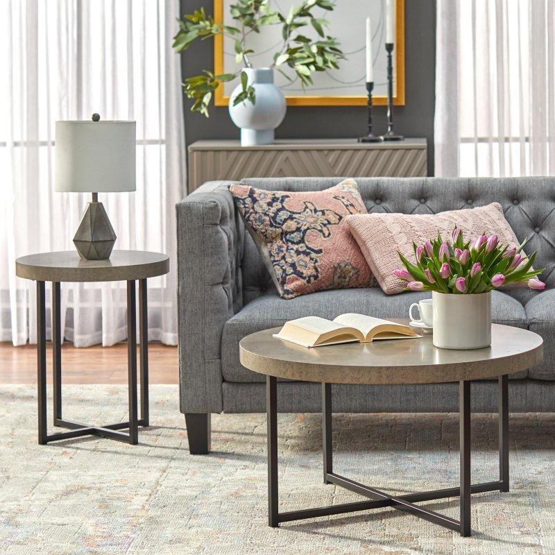 Gri Beton Tasarımlı MDF ve Metal Çapraz Ayaklı İkili Set Yuvarlak Orta Sehpa - 241194