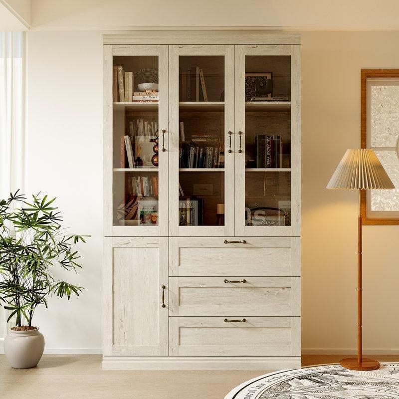 Gri-Beyaz Masif Ahşap 3 Çekmeceli Eskitme Tasarım Bronz Kulplu Cam Kapaklı Kitaplık - 120 cm - 238535