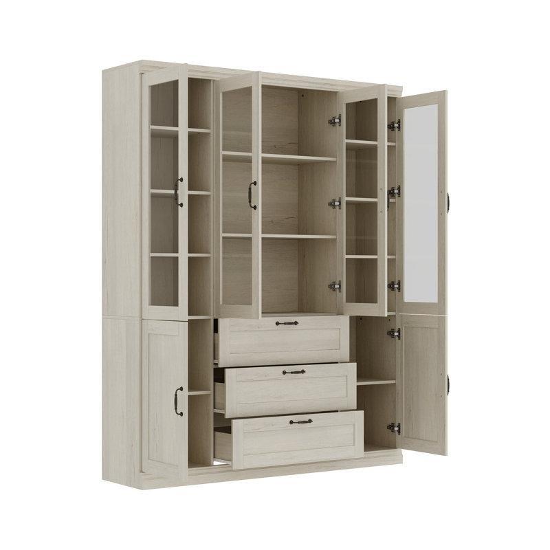 Gri-Beyaz Masif ve Endüstriyel Ahşap Çekmeceli Cam Kapaklı Kitaplık - 203x161x40 cm - 238303