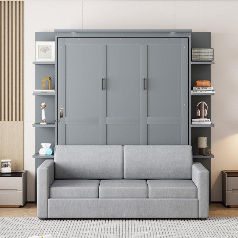 Gri Beyaz MDF Koltuklu ve Yan Raflı Duvar Yatağı - 230x221x223 cm - 266990