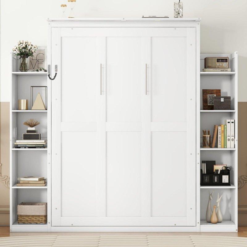 Gri Beyaz MDF ve Masif Ahşap LED Aydınlatmalı Raflı Dolaplı Duvar Yatağı - 231x206x213 cm - 263868