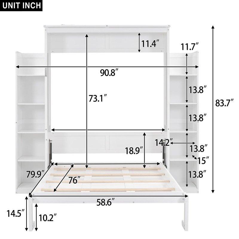 Gri Beyaz MDF ve Masif Ahşap LED Aydınlatmalı Raflı Dolaplı Duvar Yatağı - 231x206x213 cm - 263868